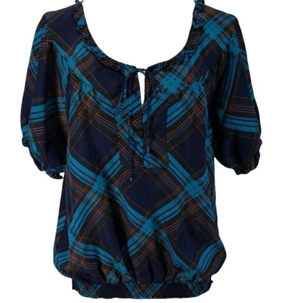 Route 66 Plaid Blue Sheer Short Sleeve Blouse Large‎